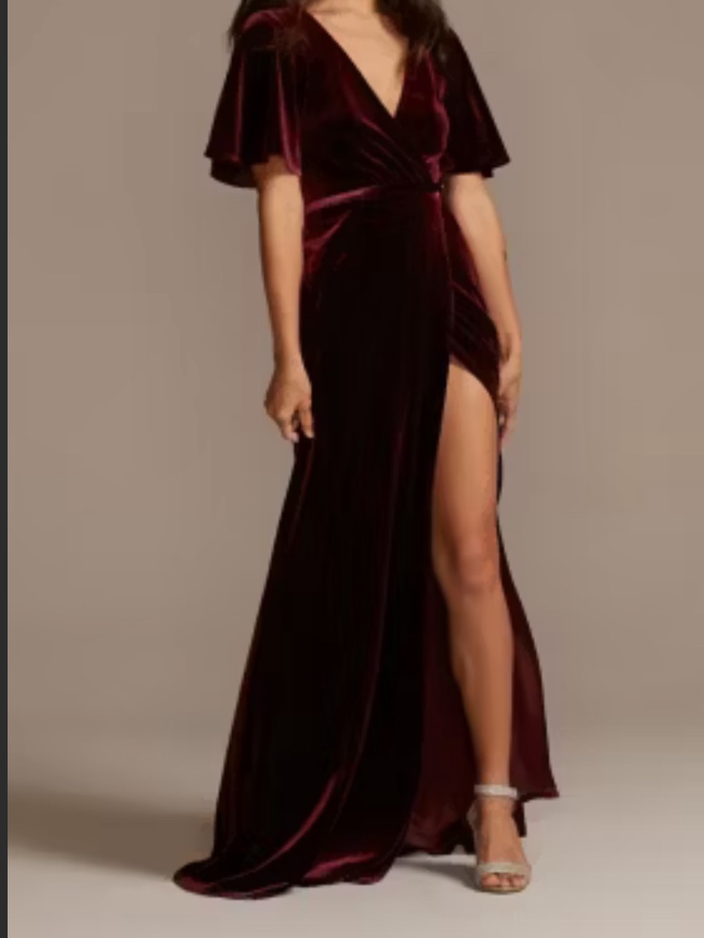STRETCH VELVET FLUTTER SLEEVE BRIDESMAID DRESS